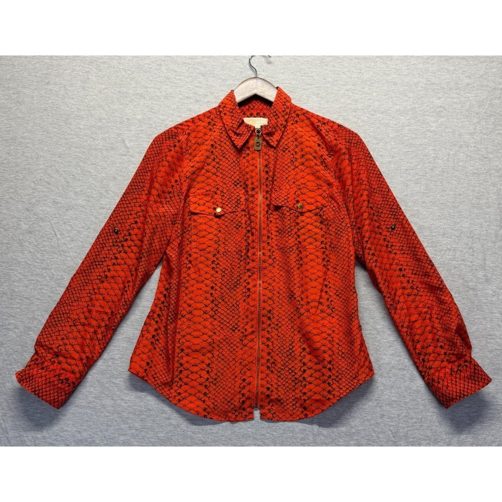 Michael Kors Blouse Top Women Small Orange Black Python Snakeskin Print Full Zip